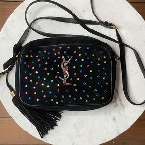 YSL | Black Suede Crystal Embellished Lou Camera Crossbody Bag